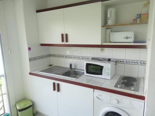 a small kitchen with a sink and a microwave at La belle vue mer du yucca. in Le Gosier