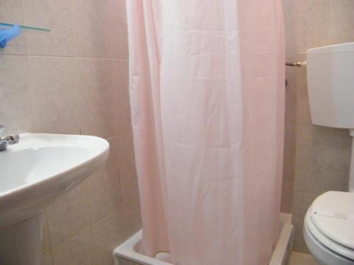 ヴィラ・ノヴァ・デ・ミルフォンテスにあるGolfinho Azulのピンクのシャワーカーテンとシンク付きのバスルーム