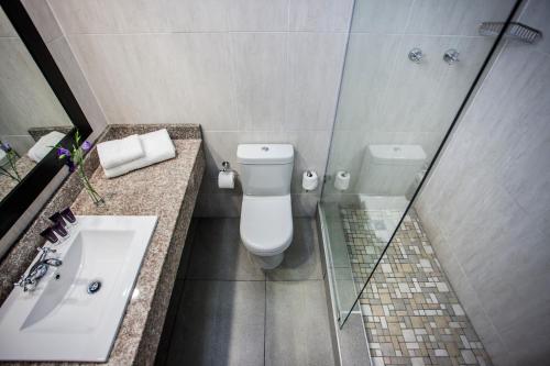a bathroom with a toilet and a sink and a shower at Avani Maseru Hotel in Maseru