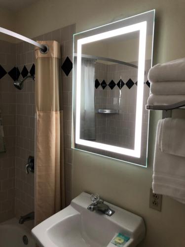 y baño con lavabo, espejo y ducha. en Monticello Motel, en Portland