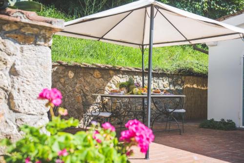 a table with an umbrella on a patio at Exclusive beautiful pool house surrounded by greenery, modern, luxury finishes in Camaiore