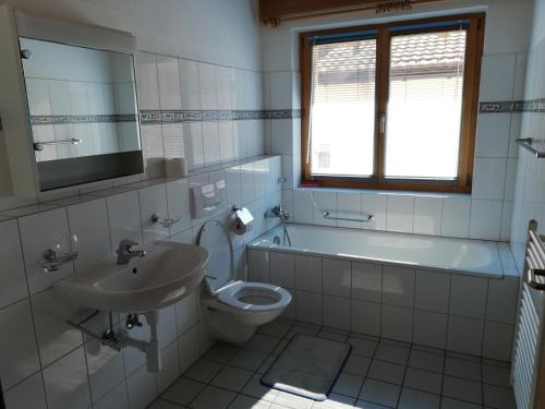 a bathroom with a sink and a toilet and a tub at Chasa Ludwig Oben Hause in Scuol