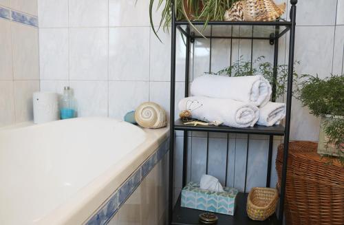 a bathroom with a shelf with towels and plants at Apartment Like Home in Gradac