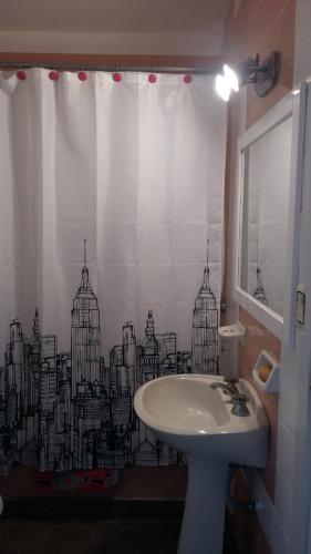 baño con cortina de ducha con jaulas en Departamento Miramar en Miramar