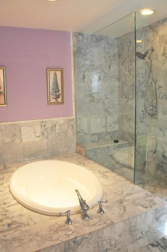 a bathroom with a tub and a glass shower at 4 Bedroom Home in Best Location Parking Fireplace Back Yard Pets Welcome in Chicago