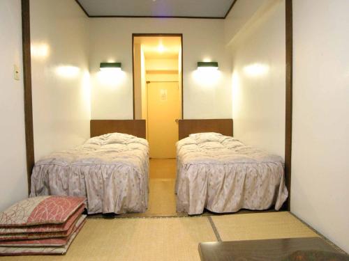 a room with two beds and a mirror at Villa Alpen in Yamanouchi