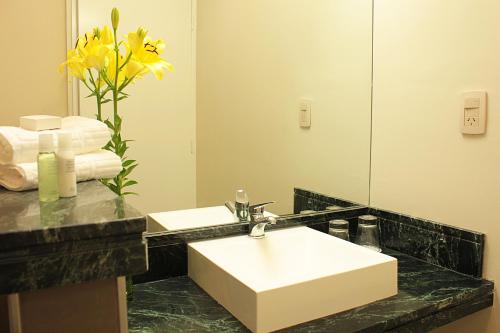 a bathroom sink with a mirror and flowers in it at 1412 Hotel Boutique in Rosario