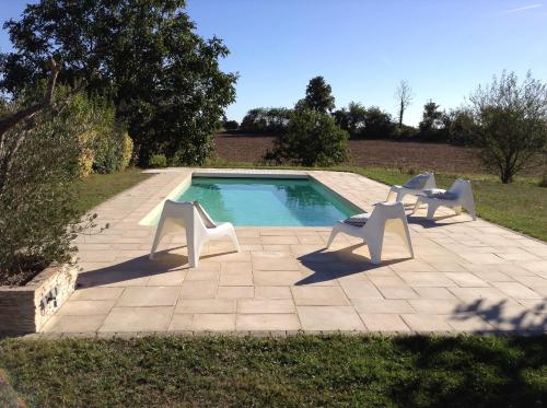 ein Pool mit zwei Stühlen und einem Pool,in dem die materielle Verwertbarkeit gewährleistet ist in der Unterkunft Le Logis de la Chouette in Baugé