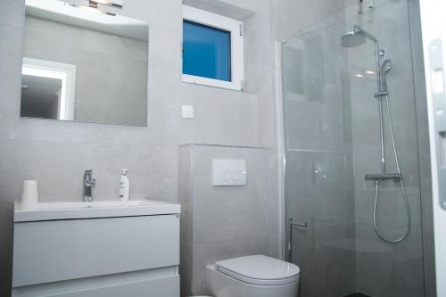 a bathroom with a shower and a toilet and a sink at Villa Miri in Privlaka