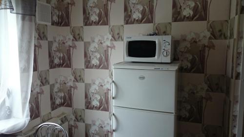 a microwave on top of a refrigerator in a kitchen at Апартамент в центре города, Stacijas 111 in Daugavpils