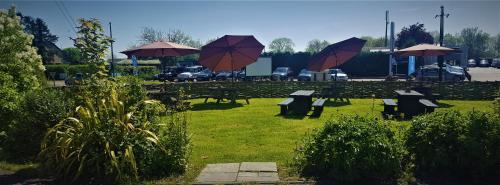 a group of picnic tables with umbrellas in a field at The White Horse Inn in Cambridge