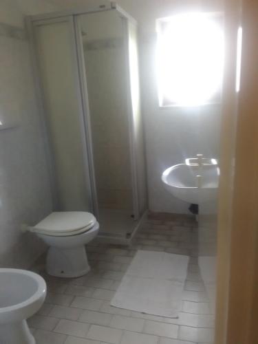 a bathroom with a toilet and a shower and a sink at hotelverbania in Sabaudia