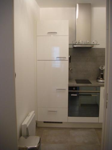 Il comprend une petite cuisine blanche avec un lavabo et des toilettes. dans l'établissement Promenade Gambetta, à Nice