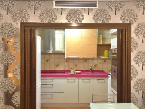 サラゴサにあるEl Jardín de Verónicaのピンクのカウンターとシンク付きのキッチン
