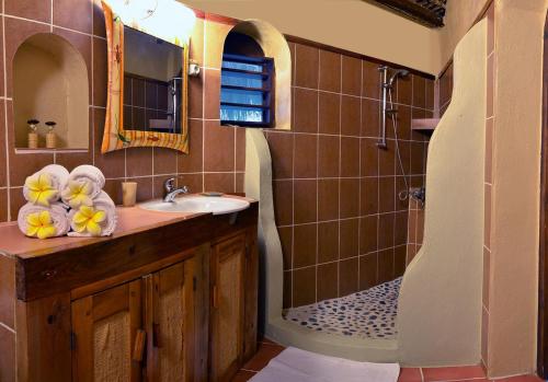 a bathroom with a sink and a shower at Auberge Le Maki Lodge in Ampangorinana