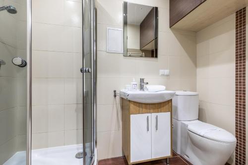 a bathroom with a toilet and a sink and a shower at Apartament Coffee Zakopane in Zakopane