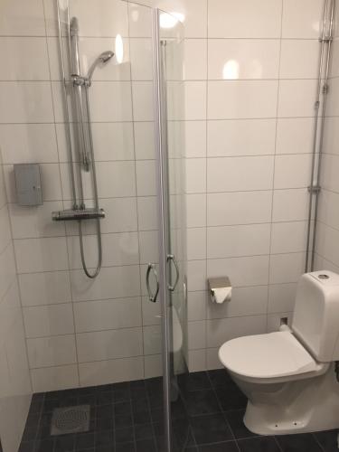 La salle de bains est pourvue d'une douche et de toilettes. dans l'établissement Vallabiten Rum och Lägenheter, à Växjö