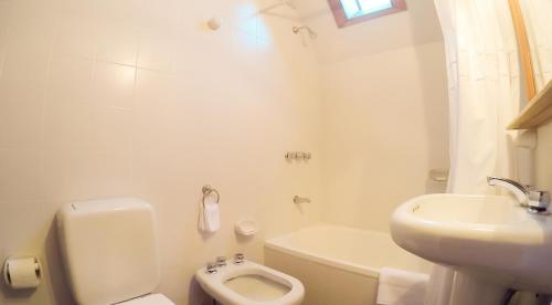 a white bathroom with a toilet and a sink at Cabañas Woodland in San Martín de los Andes