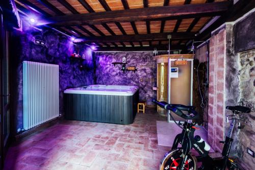 a bathroom with a tub and a bike in it at Agriturismo il Noce in Castiglione dʼOrcia