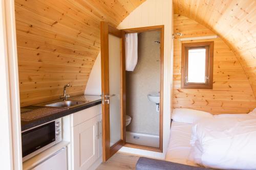 
a bathroom with a sink, a toilet and a window at Blackwater Eco Pods in Villierstown

