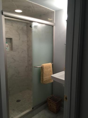a bathroom with a glass shower and a sink at webster house in Chicago