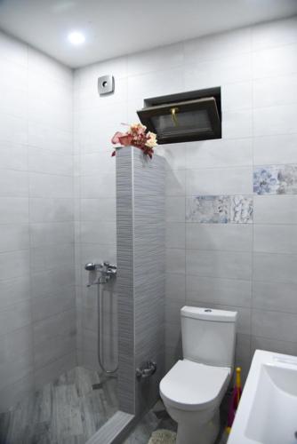 ein Bad mit einer Dusche, einem WC und einem Waschbecken in der Unterkunft Panorama of Tbilisi in Tbilisi City