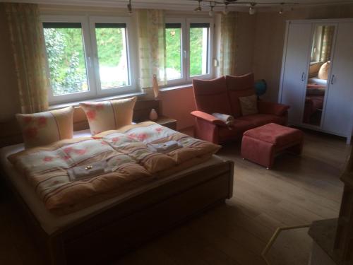 um quarto com uma cama, uma cadeira e janelas em Restaurant & Pension "Bauernhof zum Silberbergwerk" em Limbach-Oberfrohna