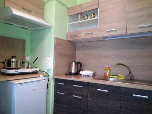 a kitchen with wooden cabinets and a sink and a refrigerator at Rooms To Let Giannis in Makrýgialos