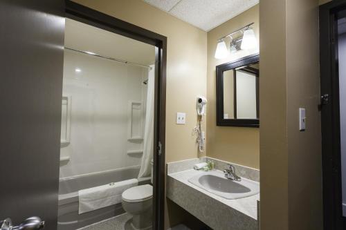 a bathroom with a toilet, sink, and shower at Frantz Inn in Steinbach