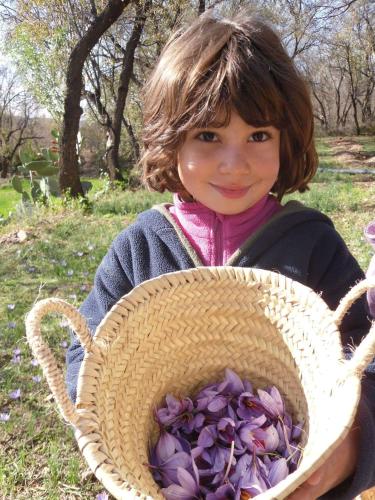 a young girl holding a basket filled with purple flowers at Auberge Restaurant le Safran in Taliouine