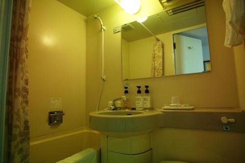 a bathroom with a sink and a mirror and a tub at Tourist Hotel Hitachi in Hitachi