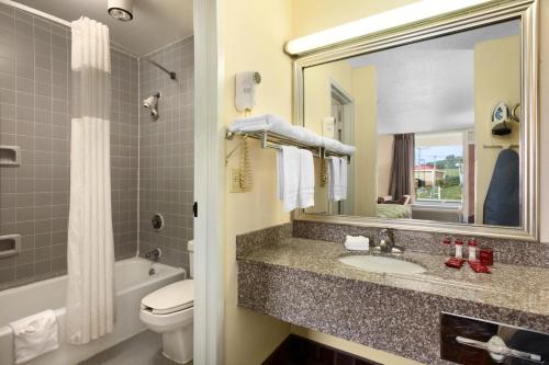 a bathroom with a sink and a toilet and a mirror at Ramada by Wyndham Wytheville in Wytheville