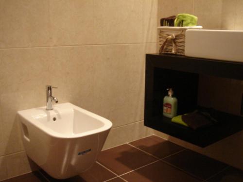 a bathroom with a white sink and a fireplace at Casa da Ponte do Porto in Amares