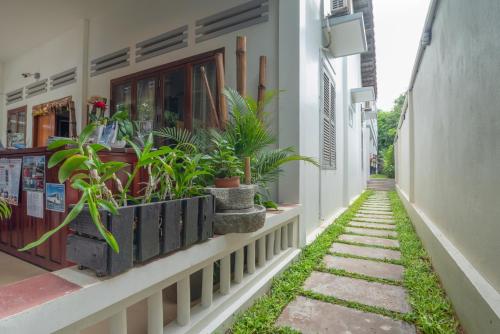 a narrow alley with plants on the side of a building at Chamraoen’s Home in Siem Reap
