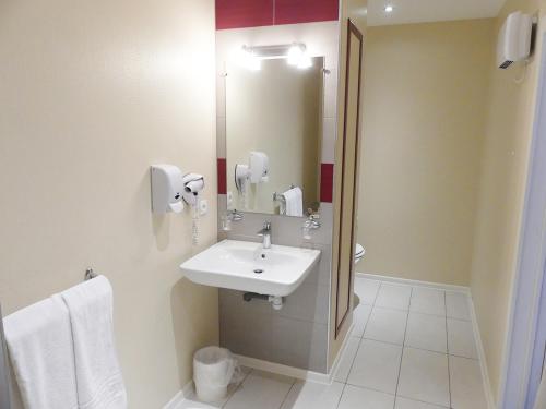 a bathroom with a sink and a mirror at Hôtel Restaurant Aux Deux Roses in Neuf-Brisach