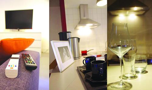 two pictures of a counter with a remote control and a wine glass at Le Petit St Lazare in Autun