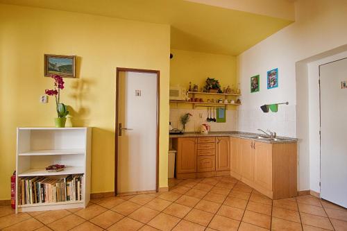 a kitchen with yellow walls and wooden cabinets and a counter at Penzion Neco in Malá Skála