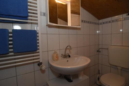 a bathroom with a sink and a toilet and blue towels at kleines Appartment auf Gestütsanlage in Drangstedt