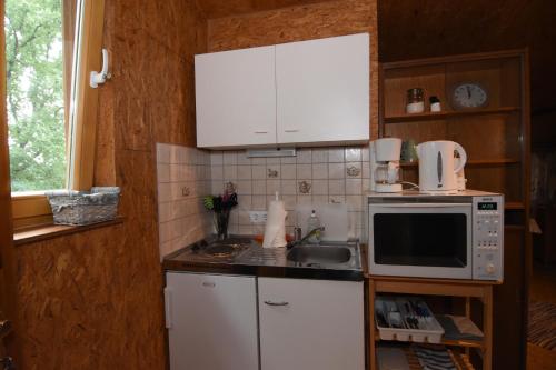 eine Küche mit weißen Schränken, einer Spüle und einer Mikrowelle in der Unterkunft kleines Appartment auf Gestütsanlage in Drangstedt
