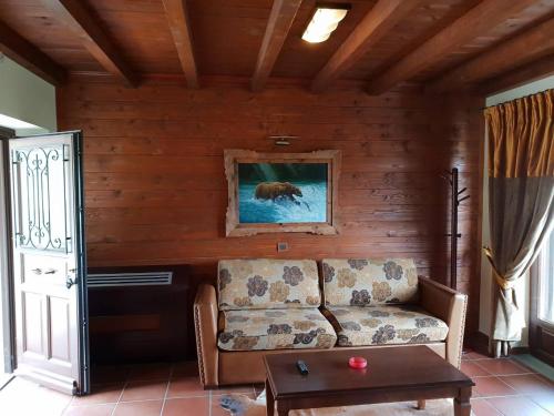 a living room with a couch and a picture of a bear at Pallas Casa in Panagía