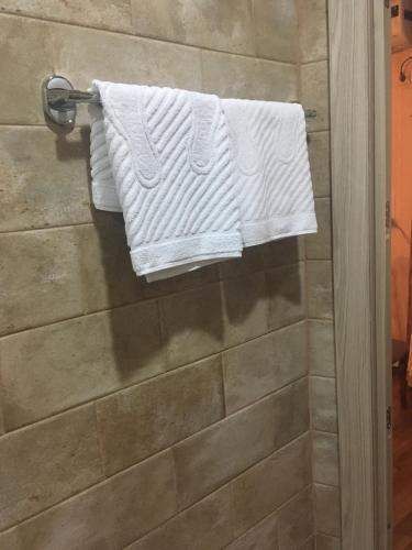 a white towel hanging on a towel rack in a shower at Apartment Barita in Tbilisi City