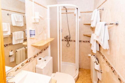y baño con ducha, aseo y lavamanos. en Hostal Viky en Madrid