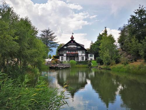 a large house sitting on the side of a river at Appartements Onyx in Flattach