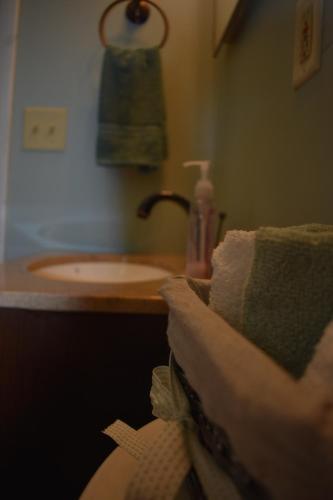 a bathroom with a sink and a counter with towels at Cozy 2 Bedroom House in Adrian