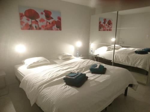 ニーウポールトにあるHuize Fimoのホテルルーム内のベッド2台(タオル付)