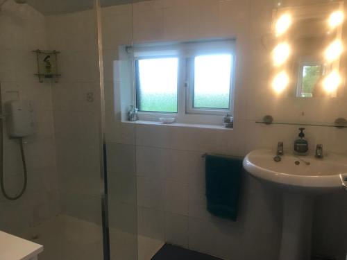 a bathroom with a shower and a sink and a window at Garden Cottage in Gartocharn