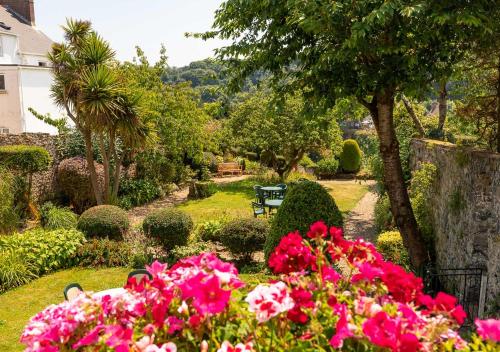 a garden with pink flowers and a park bench at Pandora Hotel in St Peter Port