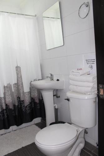 y baño con aseo blanco y lavamanos. en Hotel Maquehue en Concepción