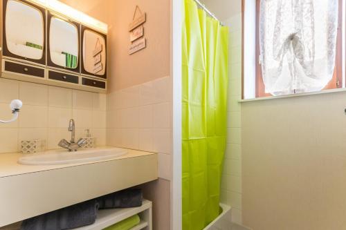 a bathroom with a sink and a green shower curtain at Le Gîte du Lavoir in Marzy