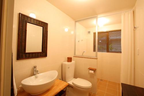ein Badezimmer mit einem Waschbecken, einem WC und einem Spiegel in der Unterkunft Akachichi Guesthouse in Onna